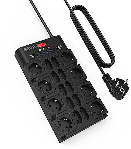 4M Ciabatta Multipresa 3680W/16A, BEVA Ciabatta Elettrica con 18 Prese CA, 4 Porte di Ricarica USB-A e 2 USB-C, Presa con Indicatore di Stato e Protezione Dalle Sovratensioni