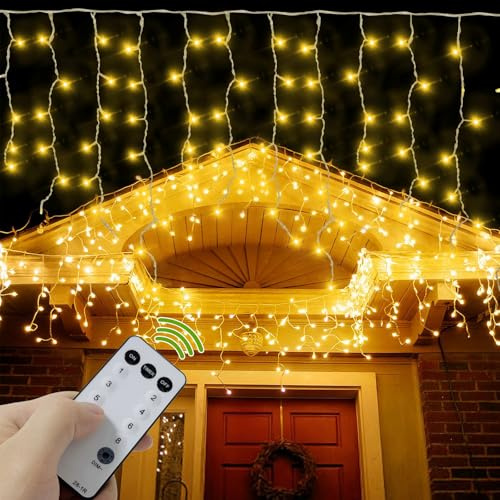 Eisregen Lichterkette Außen 5M 200LEDs Warmweiß, Weihnachten Lichtervorhang Eiszapfen Lichterkette, EU Stecker mit Timer + 8 Modi + Speicherfunktion，Mit Fernbedienung，für Weihnachten, Hochzeit, Hallow