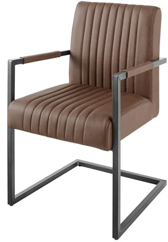 Stuhl BIG ASTON - 55cm - braun - Echtleder Metallrahmen Freischwinger | Federkern-Komfort, Armlehne, pflegeleicht, langlebig, stabil, Esszimmerstuhl, hoher Komfort, bequeme Polsterung