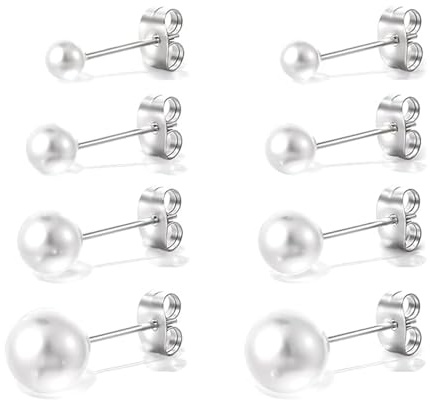 QZKJQDD 4 Paar Perlenohrringe Silber, Perlenohrringe, Weiße Perlenohrstecker, Damen Ohrstecker, Perlen Ohrringe Damen, Perlenohrstecker mit Kunstperle, Ohrringe Set für Mädchen, 3-6mm