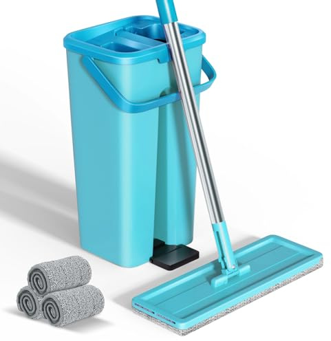 Eukue Set di mocio con secchio, set di lavapavimenti con funzione strizzatura, secchio 2 in 1 con mocio, mocio e secchio con manico regolabile in acciaio inox e 3 testine per tutti i pavimenti