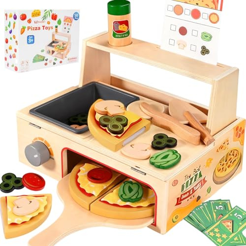 Smartwo Wooden Pizza Oven Toy for Kids, Pizza Shop Counter, Pizza Baking and Selling Game, Pretend Play Cutting Food Set, Montessori Kitchen Accessories, Role Play Toys, Gift for Boy Girl 3+ years