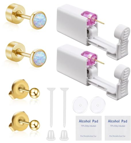 Bmpzery Guld öronpiercingpistolsats, vitt självpiercingkit med opal-örhängen och platta baksidor i guld, engångs för hemmet öronpiercingar, lätt för män och kvinnor, säkra öron piercingar för hemmet