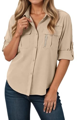 CEWIFO Damen Hemdbluse – UPF 50 Schutz Langarmshirt, Atmungsaktiv Quick-Dry Outdoor-Wanderhemd, Kleidung & Casual Sport-Oberteile (Khaki, M)