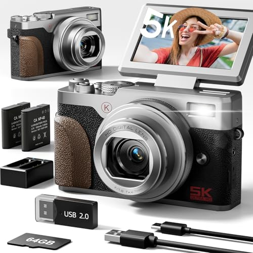 NBD Cámaras de vlogging 5K con enfoque automático, cámaras digitales de 64 MP para fotografía, cámara de viaje con zoom 18X con antivibración, 2 baterías, tarjeta SD de 32 GB (plateado)
