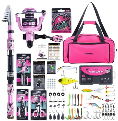 Goture Angelset mit Teleskop-Angelrute aus 24T Kohlefaser - Komplettes Angelset mit 5.2:1 Spinnrolle, 150m Angelschnur, 900D Gepolsterte Tasche & Zubehör für Anfänger Profis, 1,8m-2,7m Pink