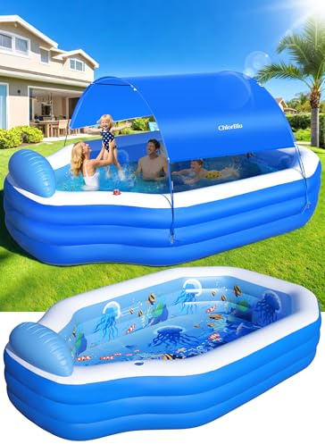 ChlorBlu Aufblasbarer Pool mit Überdachung, 300x190x55cm Swimming Pool Aufblasbar Groß für Erwachsene, Verdicktes Familienpool Aufblasbar Planschbecken mit Sitzen und Rückenlehne für Garten