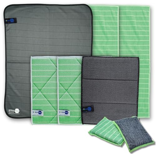 Strapure Kit Nettoyage Cuisine Bambou & Carbone 7 Pièces – Chiffons Microfibre Premium, Lavettes Épaisses, Éponge Double Face – Vitres, INOX, Plan de Travail – sans Traces