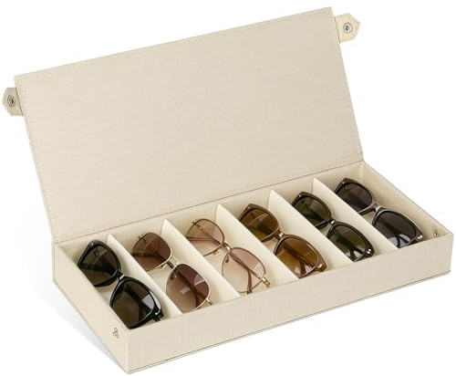 Cozary Aufbewahrungsbox für Brillen - Brillenbox für Mehrere Brillen mit Flip-Top-Design Druckknöpfen, Brillenaufbewahrung für Sonnenbrillen, Schmuck und Accessoires mit 6 Fächern - Beige - 38x17x4cm