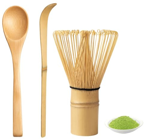 Matcha Besen Set, Bambusbesen Matcha Zubehör für Teezeremonie, Traditioneller Chasen Matcha Besen mit Teelöffel und Teespachtel, Ideal für Matcha-Enthusiasten und Gesundheitsbewusste, Maße: 11 cm, 18