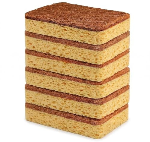 6 piezas esponja de cocina natural, estropajo ecologico, esponja de cocina biodegradable, esponja de limpieza natural, esponja de cocina orgánica hecha de celulosa y coco, resistente a los arañazos