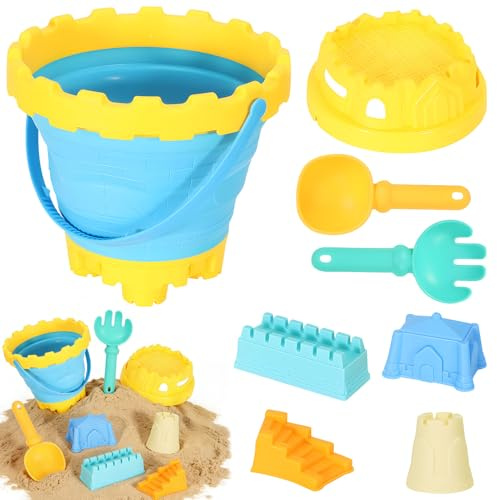 Sandspielzeug Kinder, 8-teiliges Strandspielzeug Sandkasten Spielzeug, Faltbarer Eimer, Filterkorb, Sand Toys Schaufel Gabel und 4 Burgform für Burg Bauen für Reise Spielplatz Garten, 2505B (A)