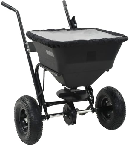 Kaloriko Épandeur semoir Distributeur Chariot en PVC et Acier Noir 106 x 73 x 76 cm, 45 L, 2 Grandes Roues, 10 Vitesses pour Engrais semence Graine sel Sable Gazon Jardin Hiver Neige allée