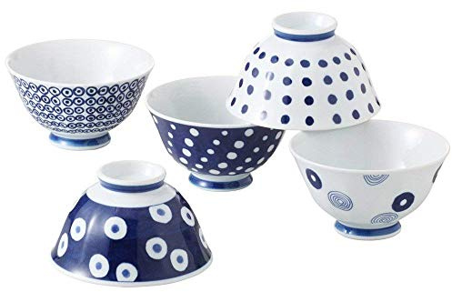 Saikai Pottery traditionell Hasami-yaki japanska porslin risskålar set med 5 skålar tillverkade i Japan Indigo Dots S
