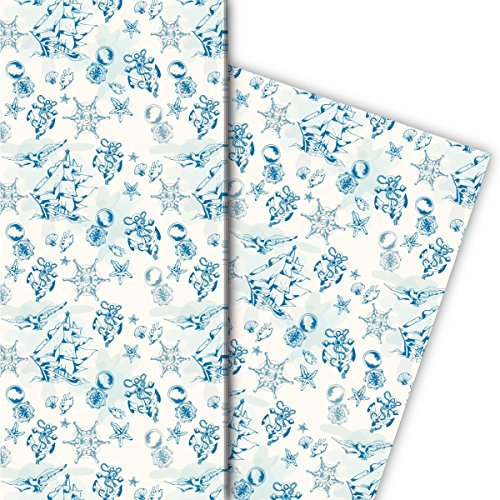 Kartenkaufrausch Nautisches Geschenkpapier Set 4 Bogen, Dekorpapier mit Segelboot, Kompass und Anker, blau, für tolle Geschenkverpackung, Musterpapier zum basteln 32 x 48cm