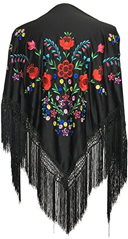 La Señorita Foulard cintura chale manton de manila Flamenco di danza nero con diversi fiori colorati