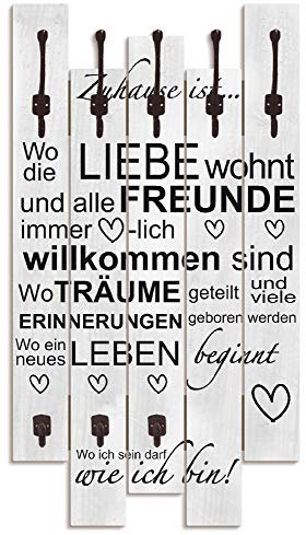 ARTLAND Wandgarderobe Garderobenpaneel Holz mit 8 Haken 63x114 cm Design Garderobe mit Motiv Spruch Liebe Familie Zuhause Grau T9IR