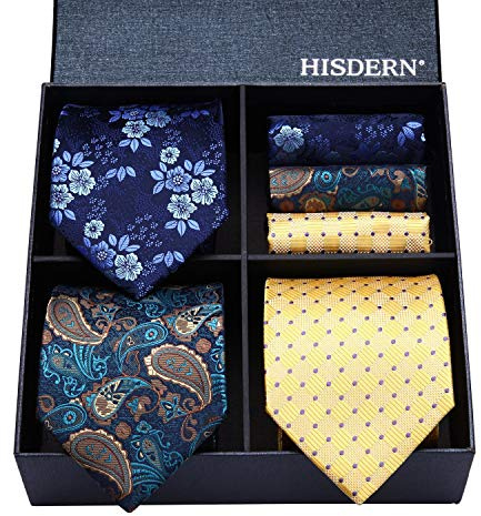 HISDERN Corbatas y pañuelo de hombre (Pack de 3), Conjunto Elegante de corbata para seda hombres - Set regalo para hombres