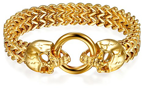 Flongo Herren Armband, Groß Edelstahl Armband Armreif Cuban Curb Gliederkette Francokette Armkette Totenkopf Schädel Fahrradkette Motorradkette Silber Gold Biker Männer Accessoires Herrenschmuck