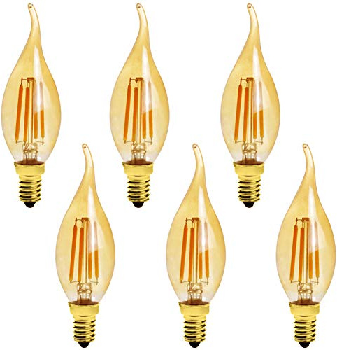 6-Pack E14 4W C35 Dimmable LED Candelabra Bulb,CA10 40 Watt Equivalent 2200K Warm White 600Lumen Edison Candle Flame Shape Bent Tip Light Bulb,Amber Glass Globe Cover, CRI 90+
