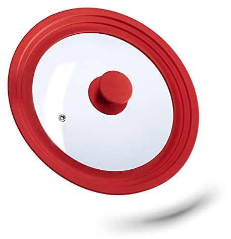 Relaxdays Coperchio Universale in Vetro, con Bordo in Silicone per Pentole & Padelle 22-26 cm, HxD: 5 x 27,5 cm, Rosso
