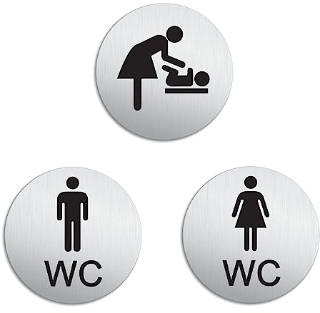Schild WC Damen Herren Wickelraum 3er Set Ø 100 mm Aluminiumschild Edelstahloptik 53253-K