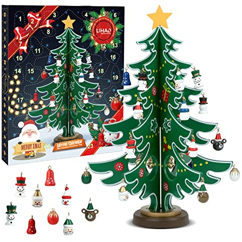 LIHAO Adventskalender Mini Holz Christmas Tree Weihnachtsbaum mit 24 Anhänger Weihnachtsbaum aus Holz DIY mit 24 Ornamnet