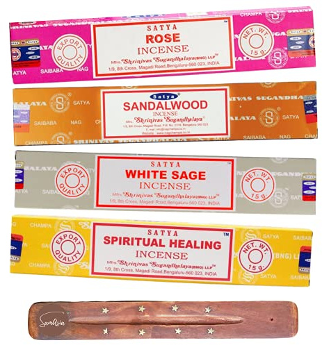 Satya Nag Champa Incense Sticks - 4 unique and premium flavours - Rose, Sandalwood, White Sage, Spiritual Healing and comes with SAMASIA incense holder
