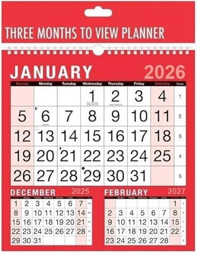UKDD® 2026 Calendar A4 Large 3 Month to View Wall Planner for Home Business Office School 1 January 2026 to 31 December 2026