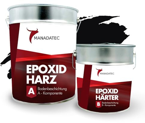 MANADATEC 2k Epoxidharz Bodenbeschichtung 5kg I RAL 9005 Tiefschwarz I Abriebfest, lösemittelfrei, geruchsneutral I Garagenbodenbeschichtung I Epoxy Bodenbeschichtung Garage I Keller Epoxidharz Boden