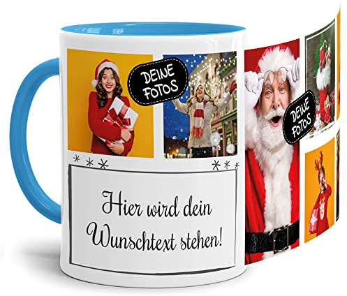 Foto-Tasse selbst gestalten mit Text & Collage für 7 Fotos - Geschenk für Familie, Freunde, Geburtstag, Weihnachten - Keramik Innen & Henkel Hellblau, 300 ml I Personalisiert