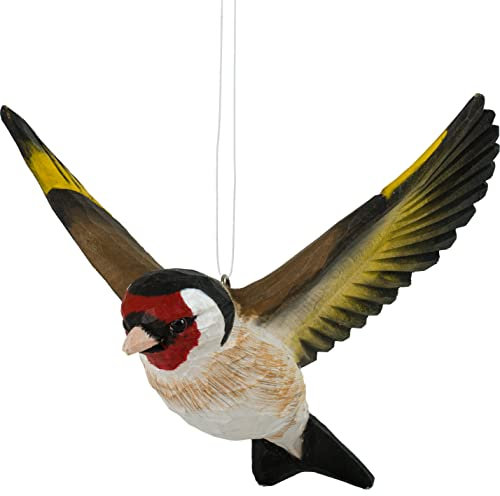 WILDLIFEGARDEN Wildlife Garden - DecoBird Flying Goldfinch (WG4442) - Figura decorativa de pájaro tallada a mano hecha de madera de tilo - Colección Flying Birds