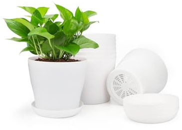 KINGLAKE 16 Pcs Small Plant Pots Indoor 10cm Plastic Flower Pots, White Plastic Plant Pots with Saucers to Decorate, Round Flower Seedling Pots for Cactus Succulent House Plants