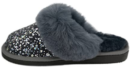 Hollert Damen Lammfell Hausschuhe DIAMOND Puschen Pantoffeln Grau 100% dickes, dichtes Merino Schaffell & Veloursleder Schuhgröße EUR 41