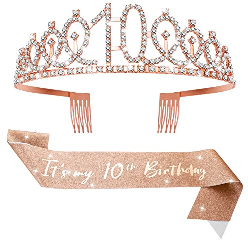 Abeillo Écharpe et diadème « It's my 10th Birthday » pour filles, couronne d'anniversaire or rose 10 et fabuleuse écharpe en satin pour 10e anniversaire