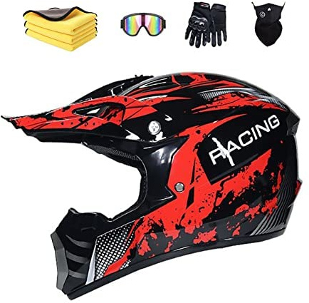 LVSENET Casque De Motocross Convient Enfants Casque De Cross Pour EnfantCasque Downhill Pour Enfants Casque Intégral Moto Cross VTT Avec Lunettes Gants (Rouge,S(52-56cm))