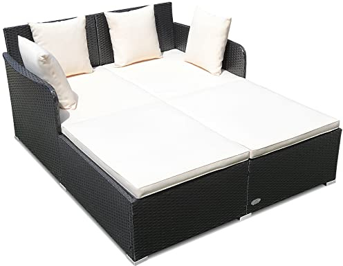 RELAX4LIFE Rattan Patio Outdoor Daybed, Wicker 2-Person Sunbed Loveseat with Soft Cushions, 4 Pillows, Curved Backrest & Armrest, Double Bed Lounger Sofa Set for Balcony Porch, Patio Bed (Beige)