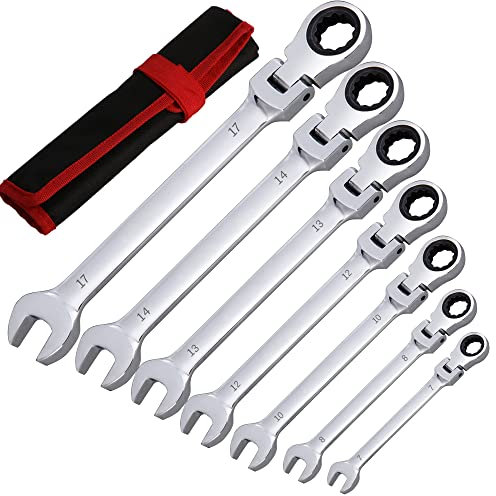 Acasimo Set di chiavi combinate ad anello a cricchetto da 7 pezzi con testa regolabile di 180°. Chiave combinata flessibile di qualità industriale,strumento professionale fai da te
