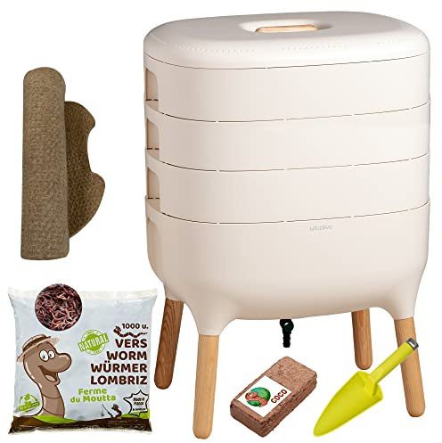 Moutta | Urbalive 3 vassoi Avorio, Kit Completo I Vermicompostaggio Design I 500g di Vermi Lombrichi / 1000 pz. I Substrato Iniziale I Stuoia di Canapa + Pala I Interno, Balcone e Giardino
