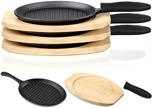 Tanlade 3 juegos de sartenes de hierro fundido presazonadas para fajita de construcción resistente, platos chisporroteantes con base de madera y guante de mango de silicona, color negro
