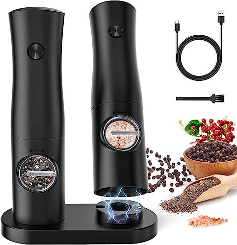 Elektrisches Salz und Pfeffermühlen Set mit USB Wiederaufladbar - Keine Batterie Erforderlich/Pfeffermühle mit Einstellbarer Grobheit (2 Pack) Automatische LED-Beleuchtung mit Einhändig