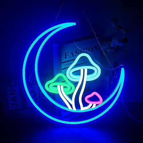 DREAMFORT Moon Mushroom Neon Sign Blue Moon Neon Lights for Wall Decor Mushroom Light Up Signs USB LED Signs for Girls room Living Room Kids Room Home Bar Party Shop