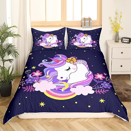 Loussiesd Einhorn Kids Bettbezug Set Einhorn 135x200 Mädchen Lila Einhorn Kinde Blumen Pferde Bettwäsche Set Rosa Gelb und Regenbogen Unicorn mit Reißverschluss Einhornb