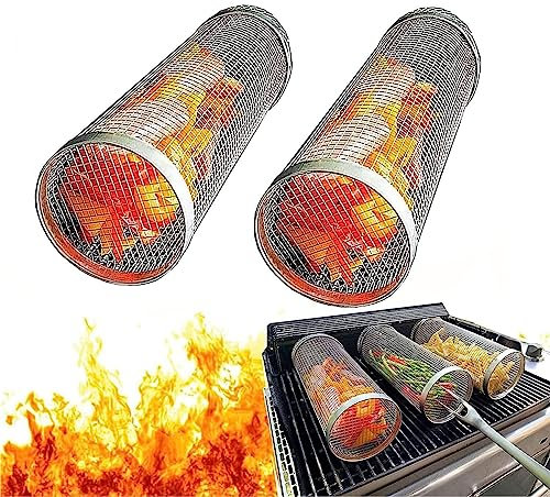 2 PCS Rolling Grilling Baskets, Outdoor Camping BBQ Net Tube, Outdoor Grill Accessories with Fork, Portable Outdoor Camping Barbecue for Vegetables, French Fries, Fish (Size : 2pcsLarge)