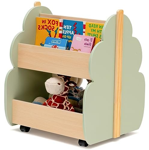 HOMASIS Libreria Montessoriana per Bambini con 2 Scomparti, Scaffale per Bambini in Legno con 4 Ruote, Cassapanca Portaoggetti per Camera dei Bambini, Sala Giochi e Asilo (Verde)