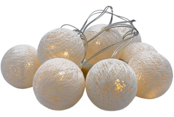 LED Lichterkette mit 10 Raphia Kugeln - weiß - Deko Beleuchtung mit Baumwollkugeln - Tischdeko Weihnachtsdeko Stimmungslicht