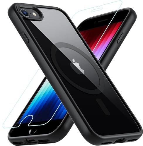 OWKEY Hülle für iPhone SE 2020/2022 (iPhone SE 2/3), iPhone 8/iPhone 7, Magnetisch Schutzhülle für MagSafe mit 9H Schutzglas, Transparent Rückseite Case Handyhülle für iPhone 8/7/6S/6 (Schwarz)