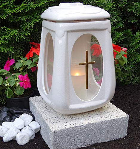 Generisch Grablampe mit Sockel Massiv Keramik Weiß mit Herz Kreuz 28,0 cm Grablaterne mit Sockel Grabschmuck Kerze Grablicht Grableuchte Lampe Laterne Trauer Liebe Friedhof Grabdekoration