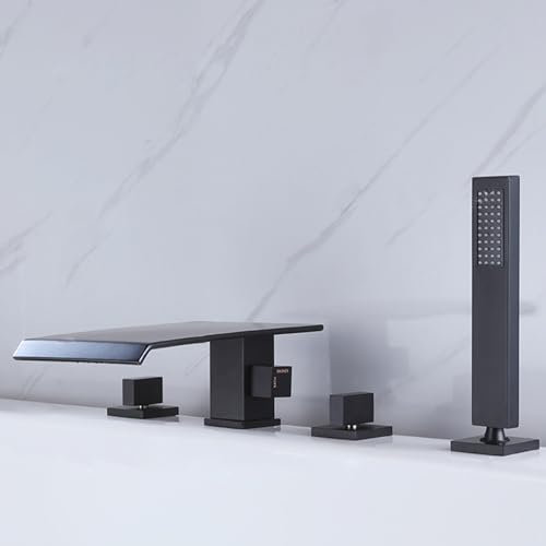 XJTNLB 4 Loch Badewannenarmatur Wasserfall, Armatur Badewanne mit Brause Bad Armaturen Badewanne Set Schwarz-B