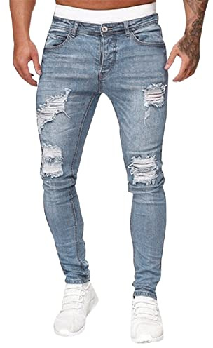 Generico Jeans Uomo Slim Fit Strappati con Toppe Pantaloni da Uomo Casual Hip-Hop Sportivi Alta Elasticità e Lavaggio Lucido Bianco strappato con Cerniera Vestiti per Cantiere